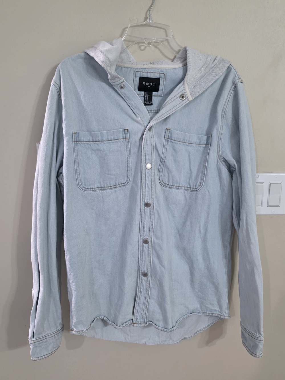 Forever 21 Light Wash Denim Hooded Shirt Jacket